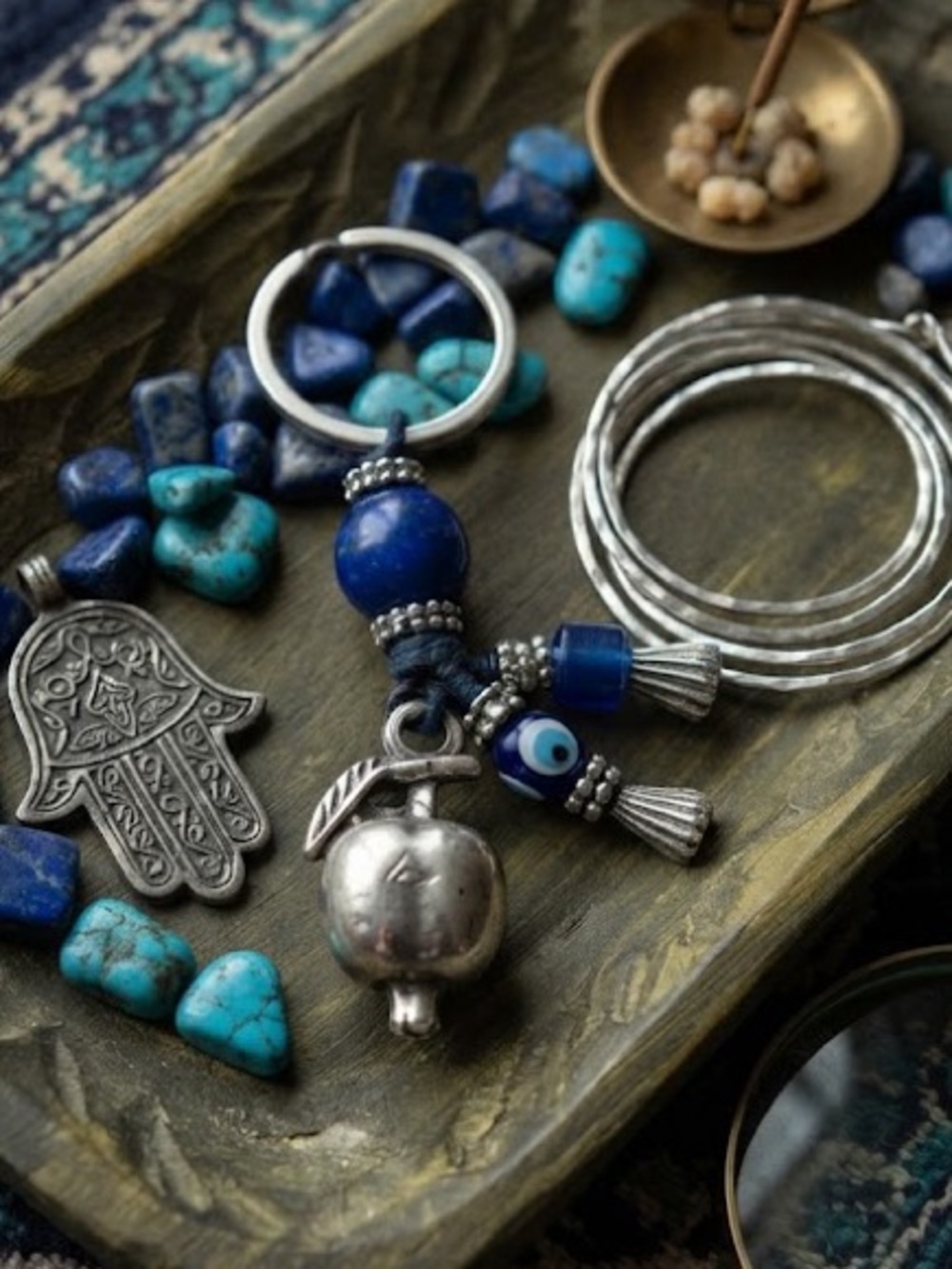 Blue Beaded Evil Eye Keychain with Silver Apple Charm